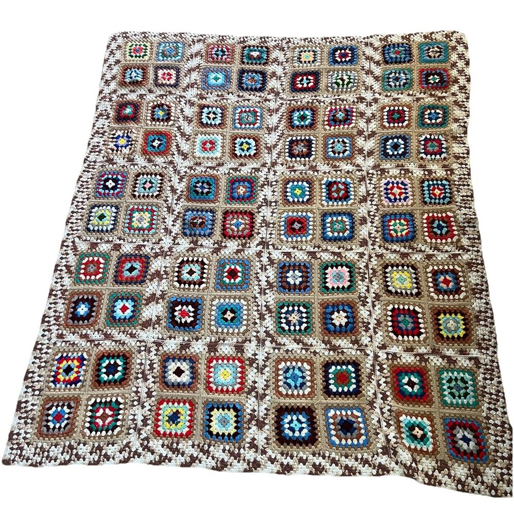 Vintage Hand Crocheted Granny Square Afghan Blanket Cottagecore Throw 88” X 74”